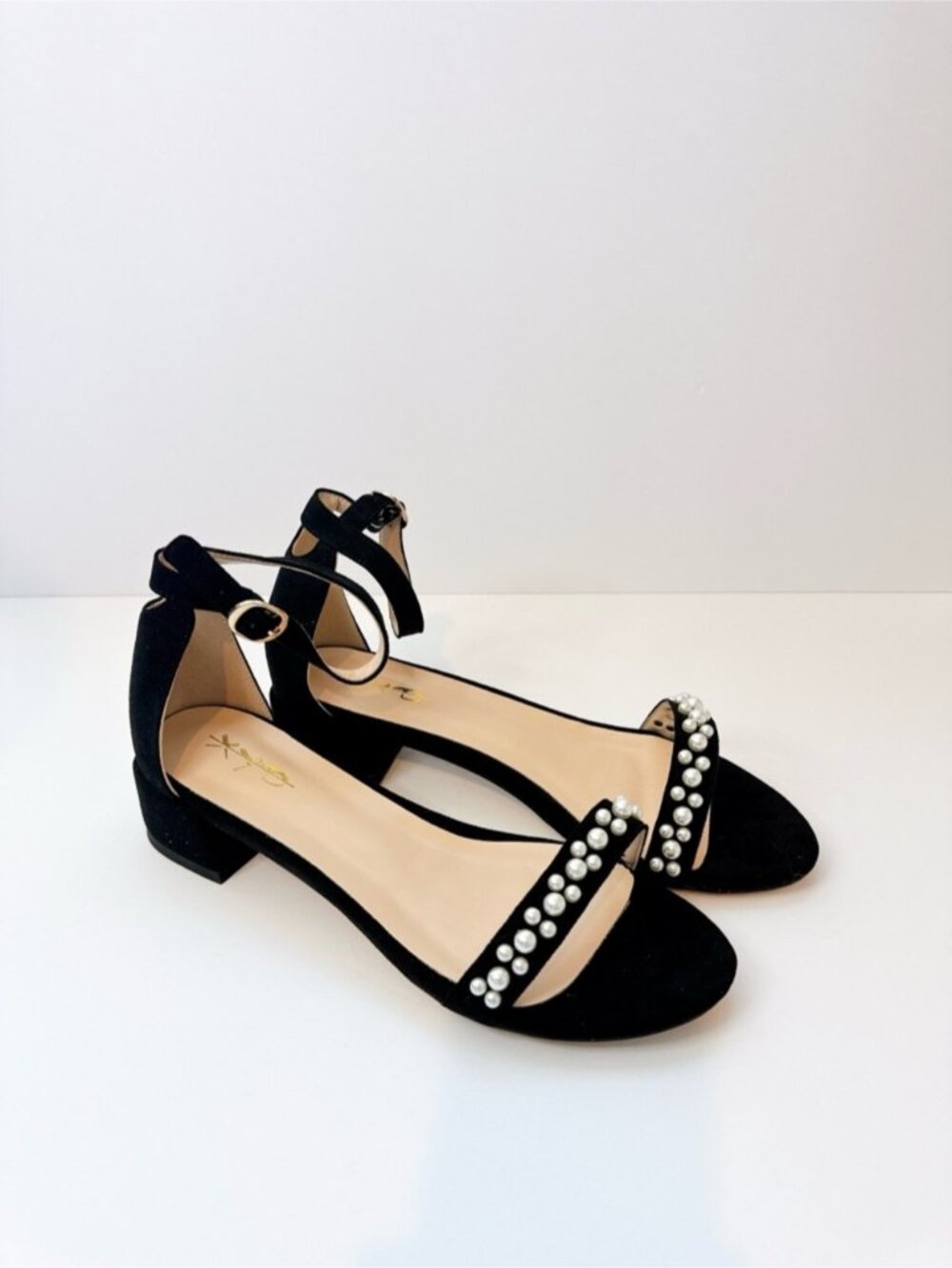 Black Pearl Embellished Sandals Ankle Strap Low Heel Dress Shoes Size 9.5